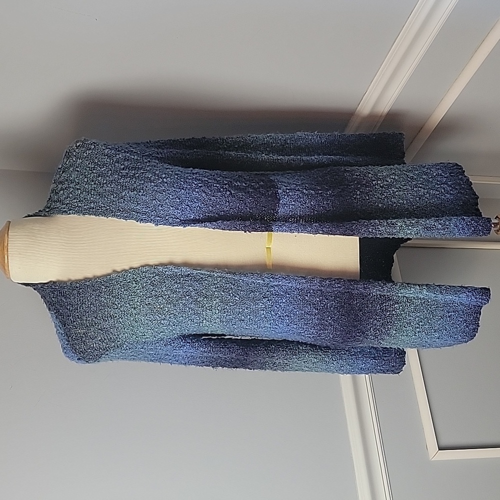 CHICO'S Boucle Teal Ombre Striped Open Long Bohemian Casual Knit Cardigan M READ